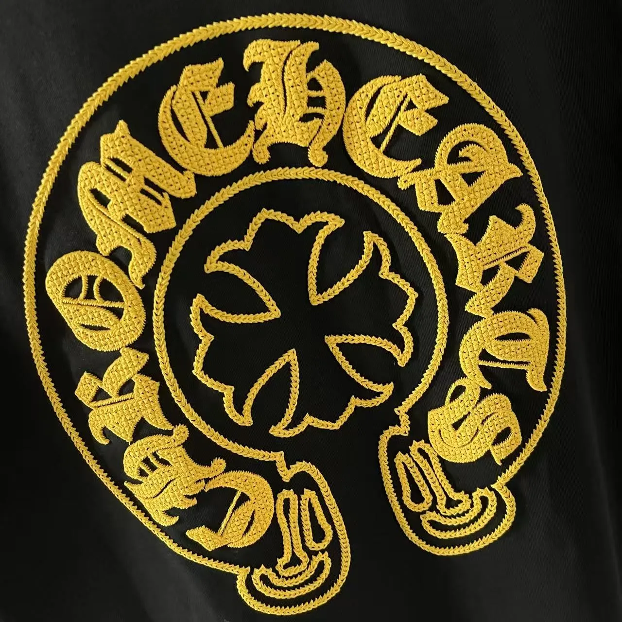 🅿️200 ch Cro* 2025 summer new style Sanskrit horseshoe cross cross vacuum embroidery short-sleeved t-shirt customized fabric 300g same style for men and women Size: S M L XL XXL Five codes Color: black white